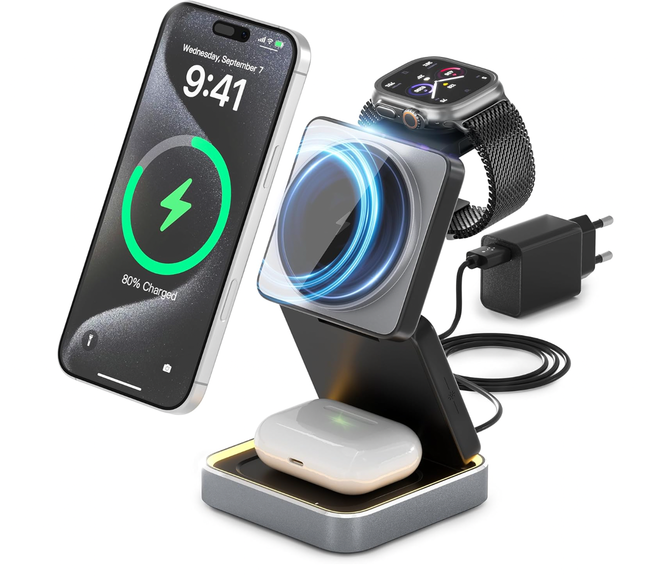 Support de Chargement Sans Fil 3-en-1 pour iPhone, Apple Watch et AirPods