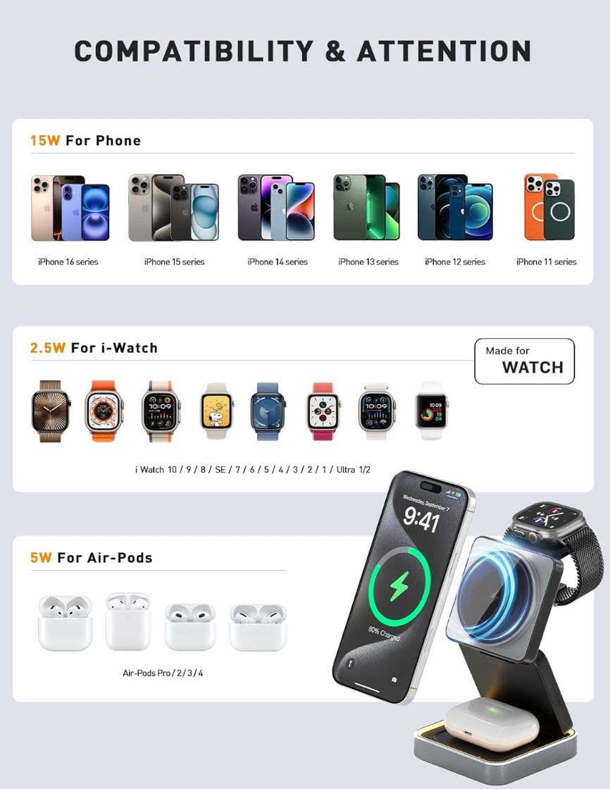 Support de Chargement Sans Fil 3-en-1 pour iPhone, Apple Watch et AirPods