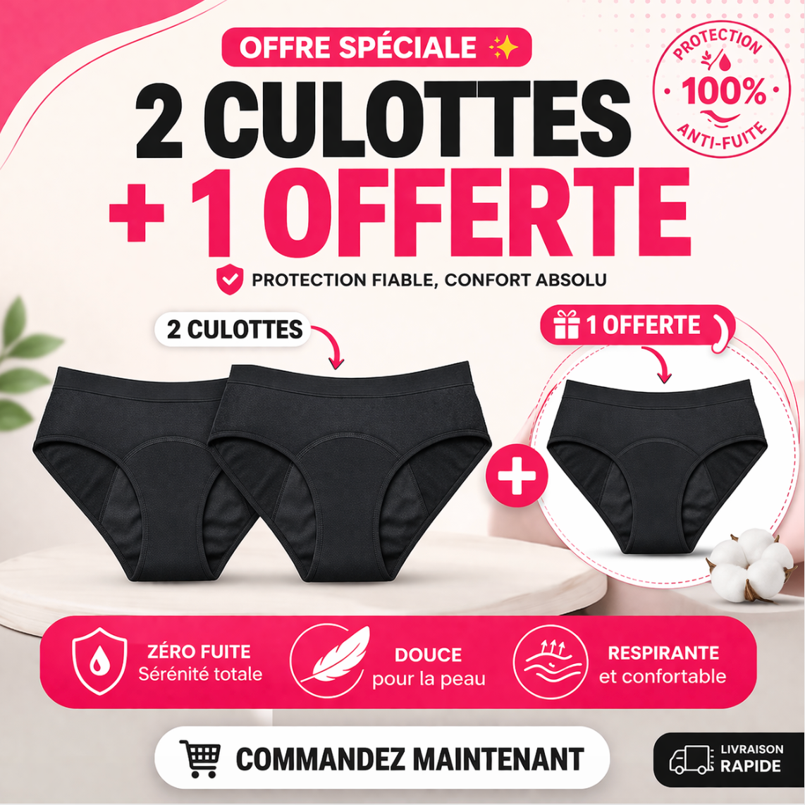 Culotte Menstruelle Confort & Protection — Pack 3 + 2 Patchs OFFERTS 🎁